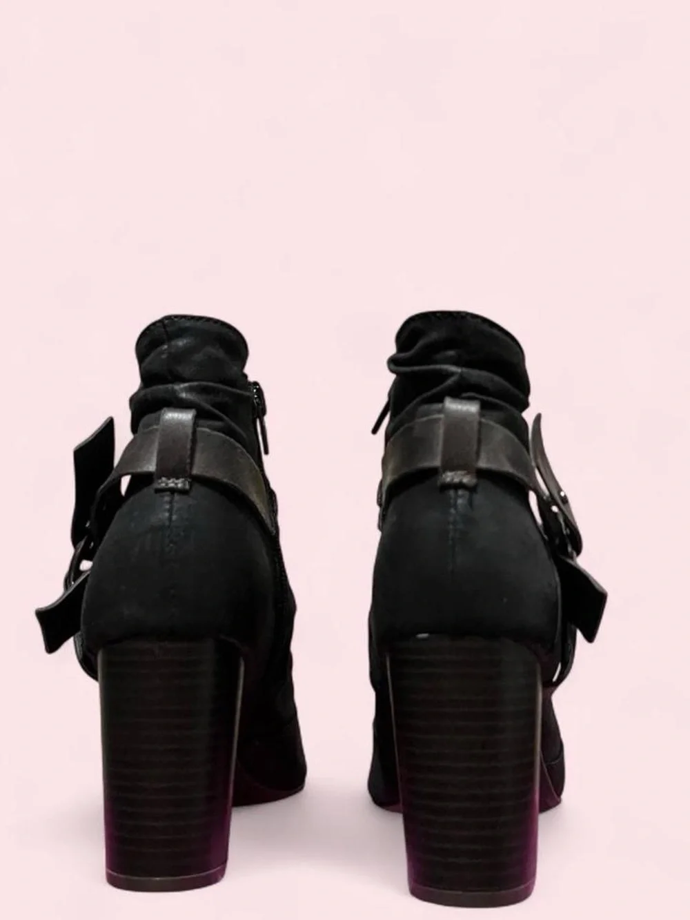 8.5 Womens Black Peep-Toe Ankle Booties with Strap Detail